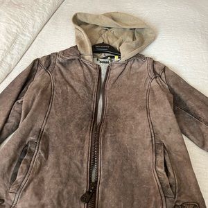 Woman’s brown, leather jacket. Size S. Attached hood. Purchased at Holt Renfrew.
